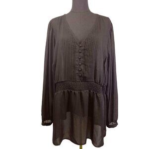 Torrid Button-Front Pleated Blouse Size 3X Sheer Smocked Waist Witchy Goth